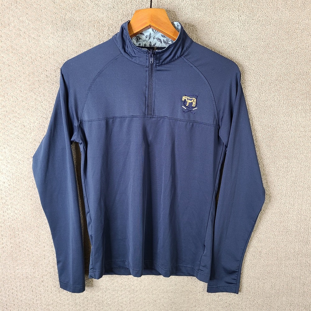 Swannies Pullover Mens Small Navy Blue Quarter Zip Golf‎ Horse Logo Floral Trim